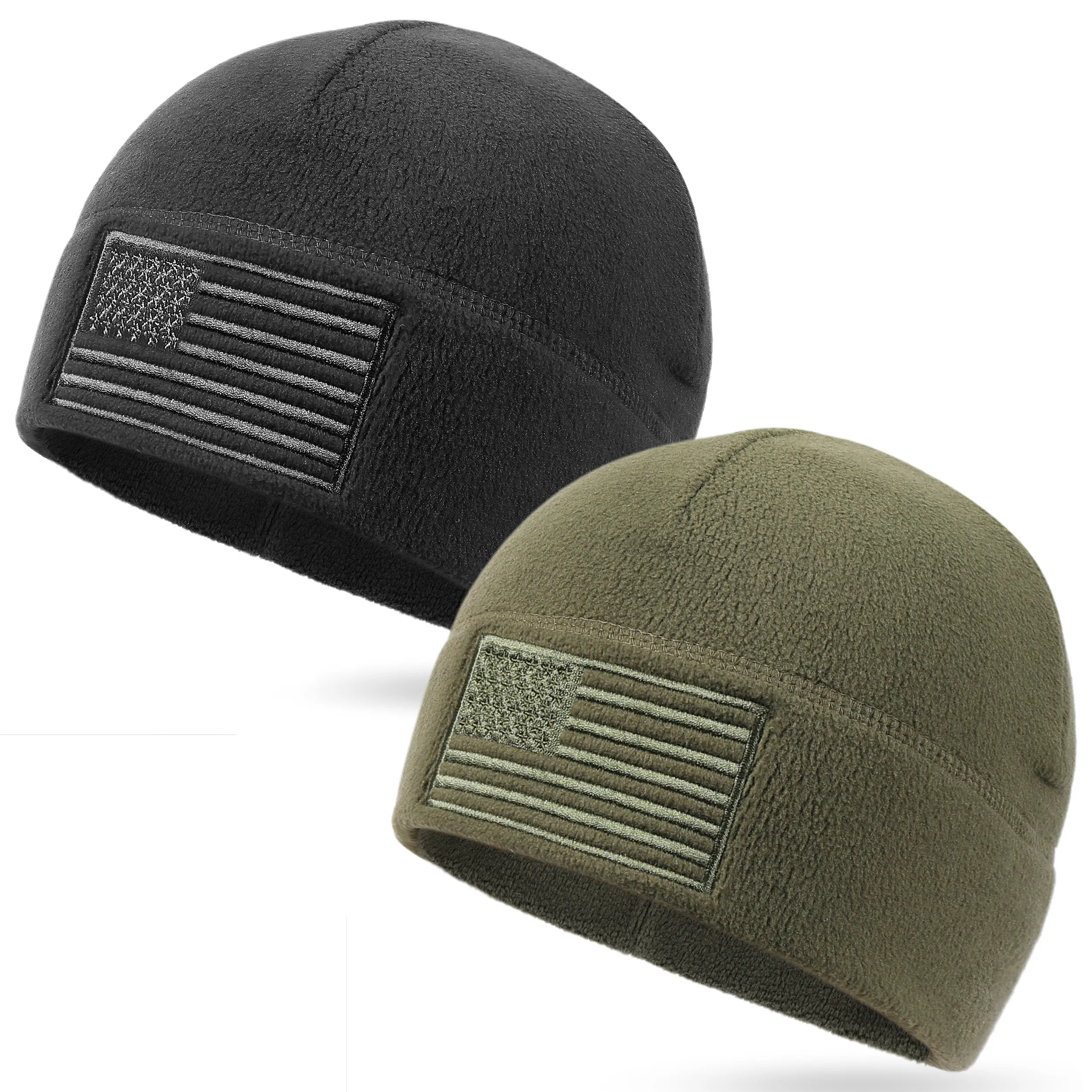 OUTDOOR SHAPING Unisex 2-Pack High Quality Quick-Dry Fleece Beanies - Adjustable, Breathable, American Flag Skull, Freedom Feather Snapback, Tactical All-Weather Rugged Military Hats, Flag Accent, Black+Grey, Casual Wear, Birthday Gift
