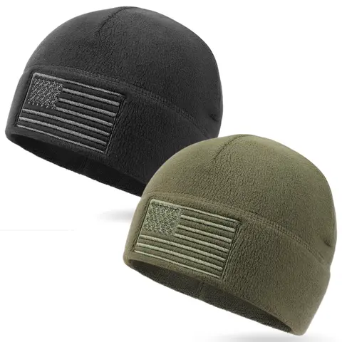 OUTDOOR SHAPING Unisex 2-Pack High Quality Quick-Dry Fleece Beanies - Adjustable, Breathable, American Flag Skull, Freedom Feather Snapback, Tactical All-Weather Rugged Military Hats, Flag Accent, Black+Grey, Casual Wear, Birthday Gift