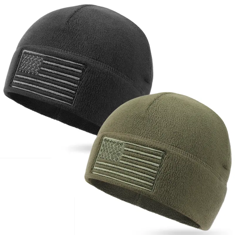 OUTDOOR SHAPING Unisex 2-Pack High Quality Quick-Dry Fleece Beanies - Adjustable, Breathable, American Flag Skull, Freedom Feather Snapback, Tactical All-Weather Rugged Military Hats, Flag Accent, Black+Grey, Casual Wear, Birthday Gift