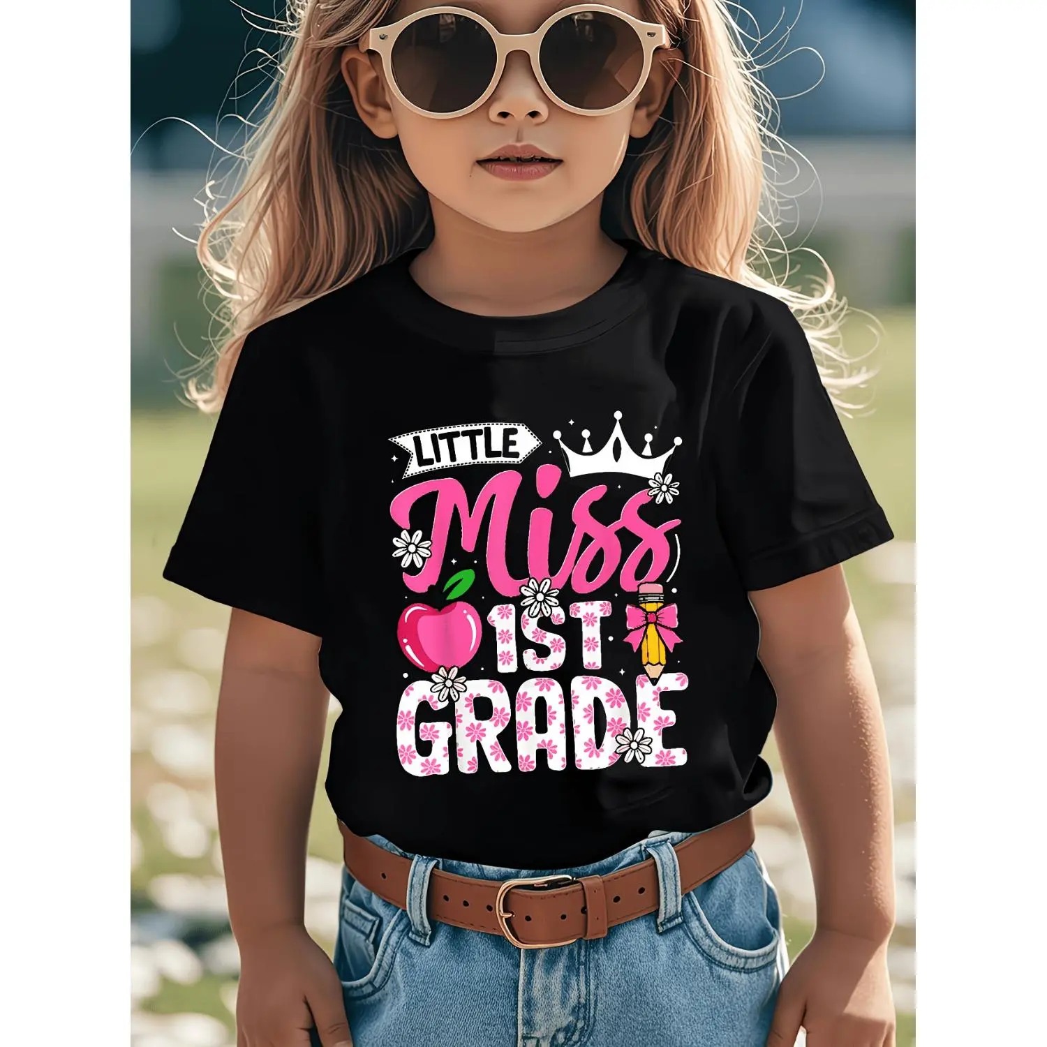 Cute Back-to-School First Grade Girl's T-Shirt with Novel and Cool Patterns for the First Day of School, Fashionable Children's Trendy Top, Kids' T-Shirt, Back-to-School Apparel, Beautiful Children's Top, Stylish Outfit, Easy-Care T-Shirt