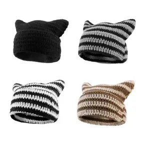 2025Cute Hat with Ears - Crochet Hat,Knitted Hat,Cat Beanie Y2k Winter Hat,Cat Ear Beanie for Women Men, Slouchy Beanie accessory fashion cap