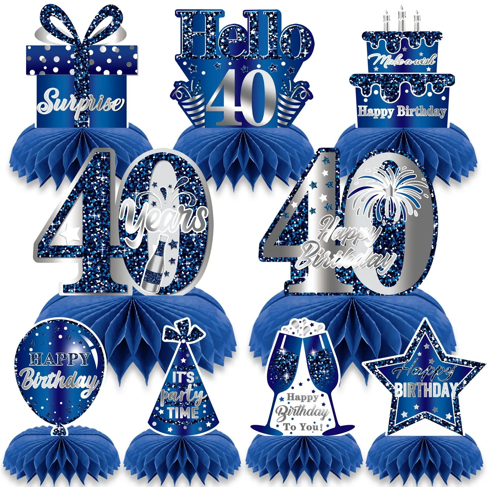 9Pcs Blue and Silver 40th Birthday Honeycomb Centerpieces, Happy 40th Birthday Table Decorations for Men and Women, Cheers to 40 Years Surprise Party Supplies, Desktop Table Topper Decor