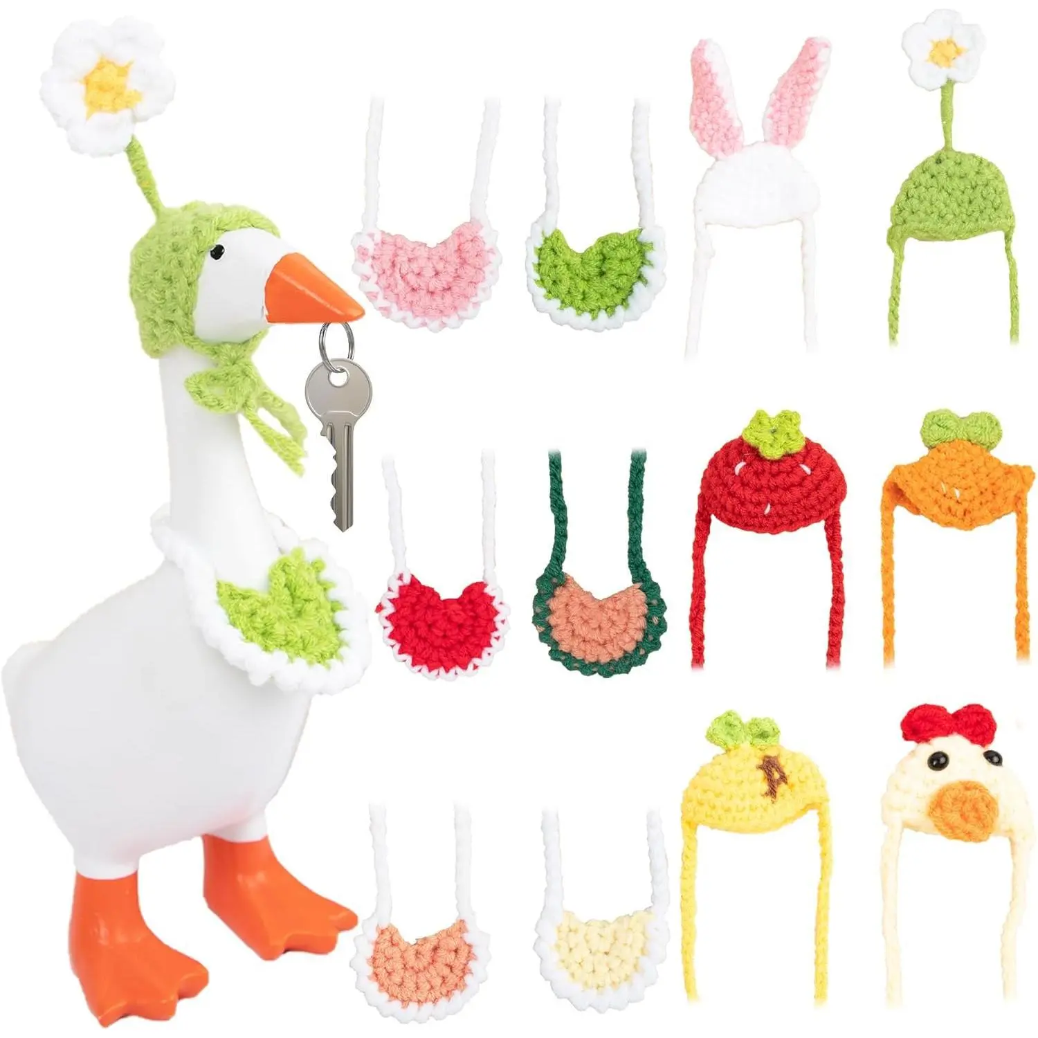 12 PCS Mini Desk Goose Outfits 7 Inch Magnetic Goose Statue Key Holder Clothes Mini Porch Goose Outfits Knitted Hats with Adjustable Strap and Bib for Table Decor