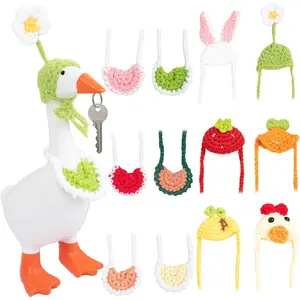 12 PCS Mini Desk Goose Outfits 7 Inch Magnetic Goose Statue Key Holder Clothes Mini Porch Goose Outfits Knitted Hats with Adjustable Strap and Bib for Table Decor