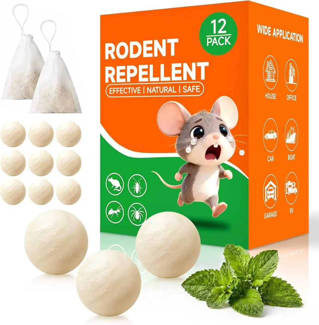 Mouse Rodent Repellent, 12 Pack Peppermint Oil Repellent Balls for Mouse Rats Squirrel Spider Roach Ant Pest Control Indoor & Outdoor, Natural Moth Balls for Rodent Control for Garden & Home