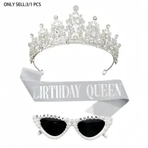3/1pcs-Birthday Girl Sash and Crown Set with Glasses - Pink Birthday Sash for Women Girls, Regal Princess Tiara Crown, Elegant Crown Design, Sparkling Playful Sash, Fun Glasses for Birthday Party Decoration