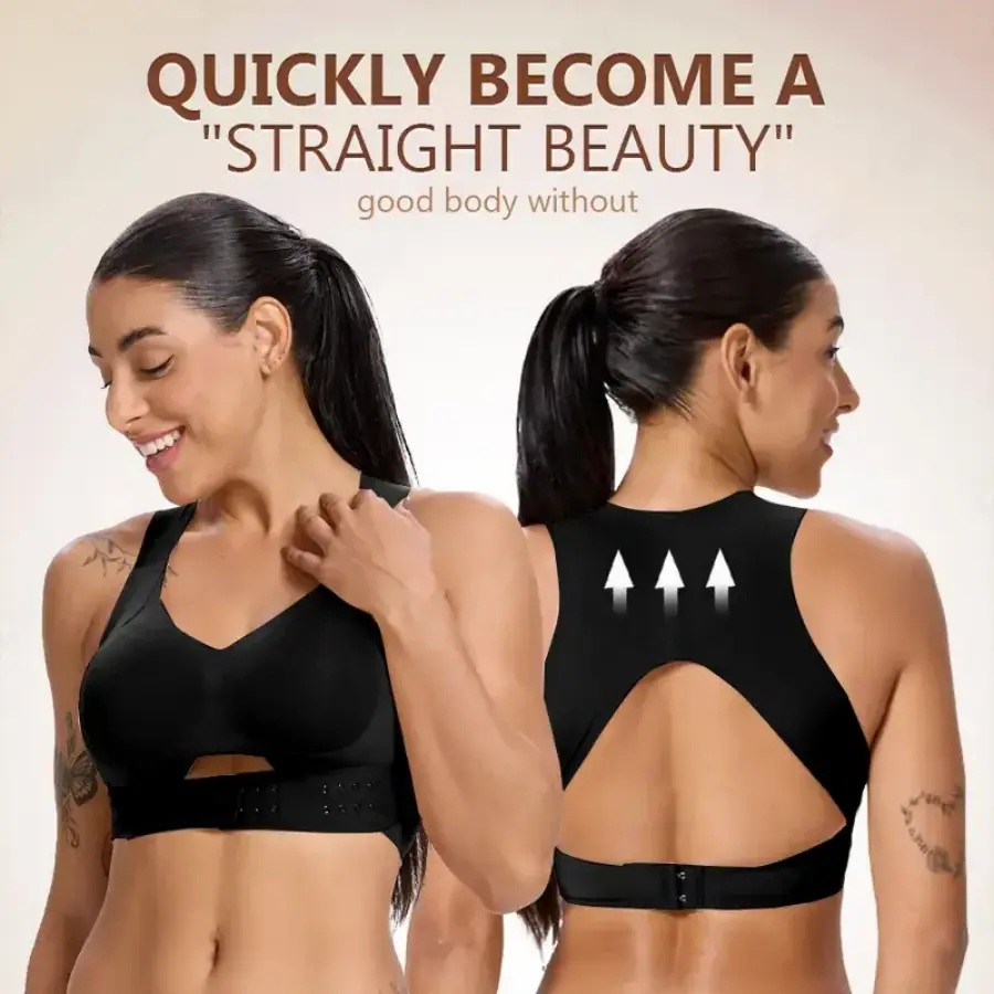 Cyber Monday & Thanksgiving Special: Women's Plain Black Polyester Wireless Posture-Correcting Sports Bra for Yoga, Gym, Full Cover Design, Gentle Support, Ultra-Soft Breathable Integrated Cups, TikTok Viral Favorite