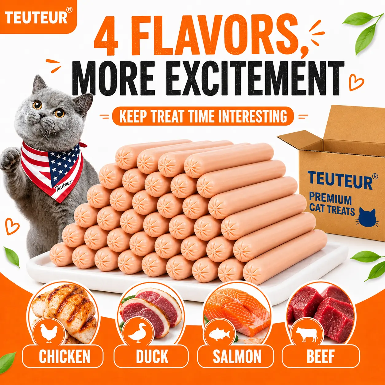 8/16PCS Cat Sausage Treats Variety Pack, Chicken, Beef, Duck and Salmon Flavors, Soft Chewy Snack Sticks for Kittens and Adult Cats, Daily Reward Treats and Cat Food Toppers, Easy-Serve Pet Snacks for Indoor Cats, Home, Playtime and Travel Anytime!