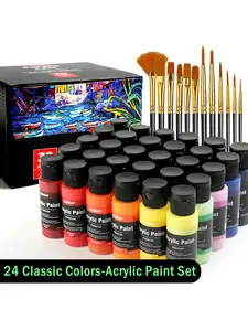24 Jars Acrylic Paints Set, Bottles Classic Color, Rich Pigmented Canvas Kids Paint Set, Premium Non-toxic Acrylic Paint for Artists, Art Paints for Kids & Adults, Art Supplies for Canvas Painting Rocks Wood Ceramic Model with 12 Brushes
