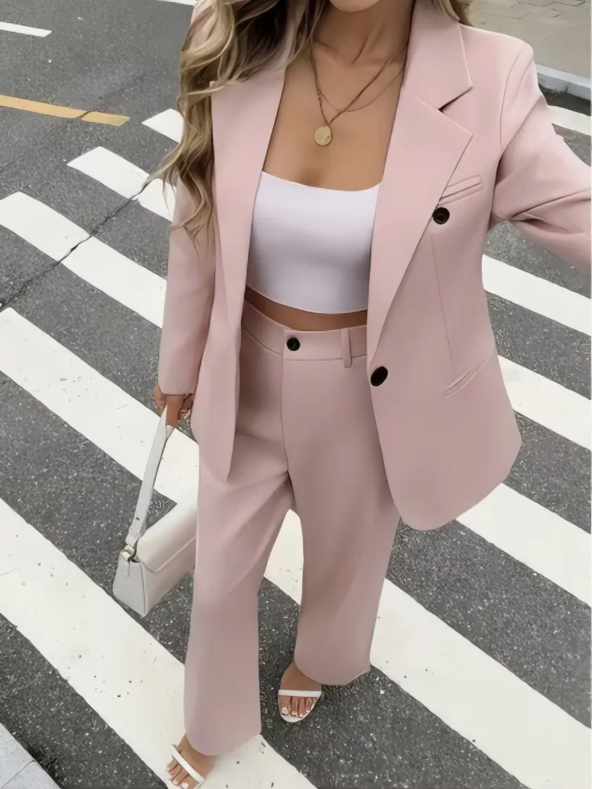 Women's two-piece suit set, including a solid-color long-sleeved blazer for business and commuting, paired with a pair of trousers. Perfect for job interviews, weddings, or any formal occasion.