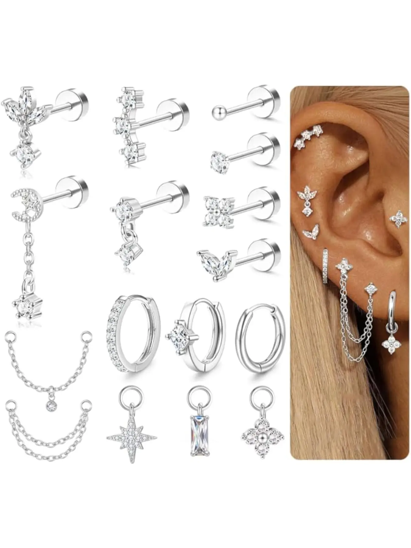 Helix Piercing Jewellery Surgical Steel Earrings Hypoallergenic Flat Back Earring Stud Hoop Earrings Set Conch Piercings Silver Gold Cartilage Daith Tragus Piercing Jewellery, Stainless Steel Earrings Single PC
