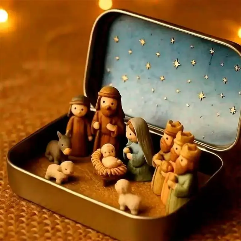 Handmade Wooden Miniature Christmas Nativity Set in Tin Box - Portable Pocket-Sized Manger Scene with Mary, Jesus, Shepherds, Animal Figures - Hand-Painted Holiday Ornaments for Indoor Decoration Gift