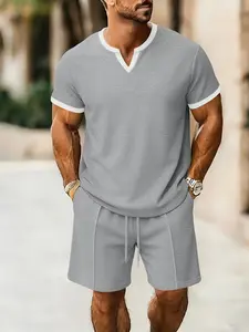 Summer Holiday Hawaiian Casual Short Sleeve Set, Simple Geometric Design, Soft Breathable Fabric, Stand Collar Top, Drawstring Shorts, Tropical Style