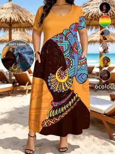 Plus Size Women's Summer Dress, 6 Colors Available, Ethnic Print Round Neck, Short Sleeve with Pockets, Casual Beach Wear