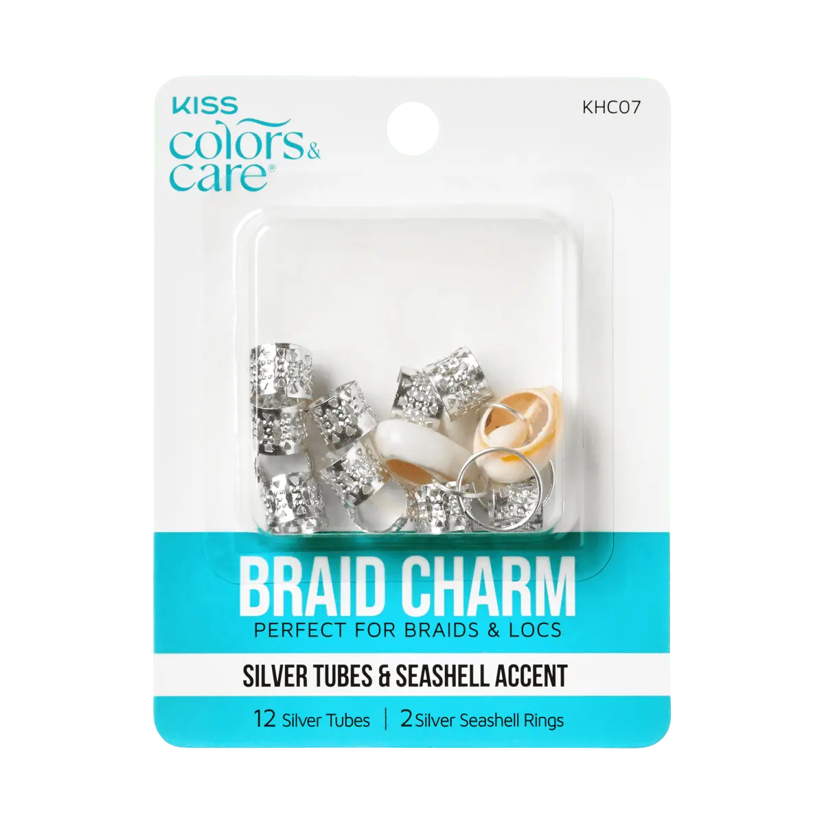 Kiss Colors & Care Braid Charms - Silver | 12 Silver Tubes, 2 Silver Seashell Rings, Hair Accessories