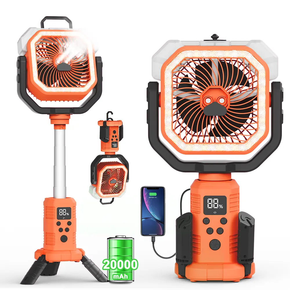 20000mAh Camping Fan with Stand, Rechargeable Battery Operated Oscillating Fan with Remote&LED Light, Height Adjustable Misting Tent Fan, Timer, Hook, Portable Tent Fan for Picnic travel