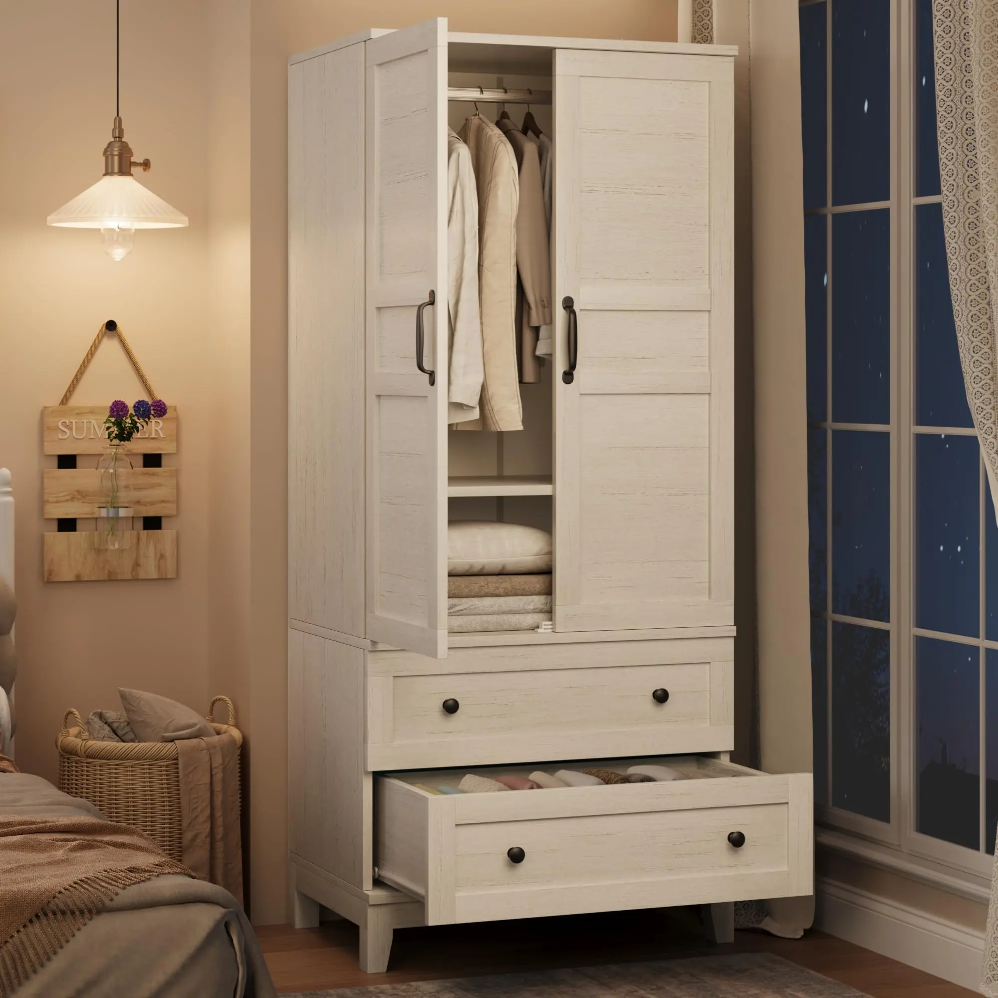 Rustic White Engineered Wood Single Unit Freestanding Wardrobe Cabinet - Armoire Combo Wardrobes with Magnetic Organizer, Doors, Hanging Rod, 2 Drawers, 18 Adjustable Shelves, Farmhouse Look, Assembly Required for Tall Bedroom Storage, Wood Wardrobe Cabin