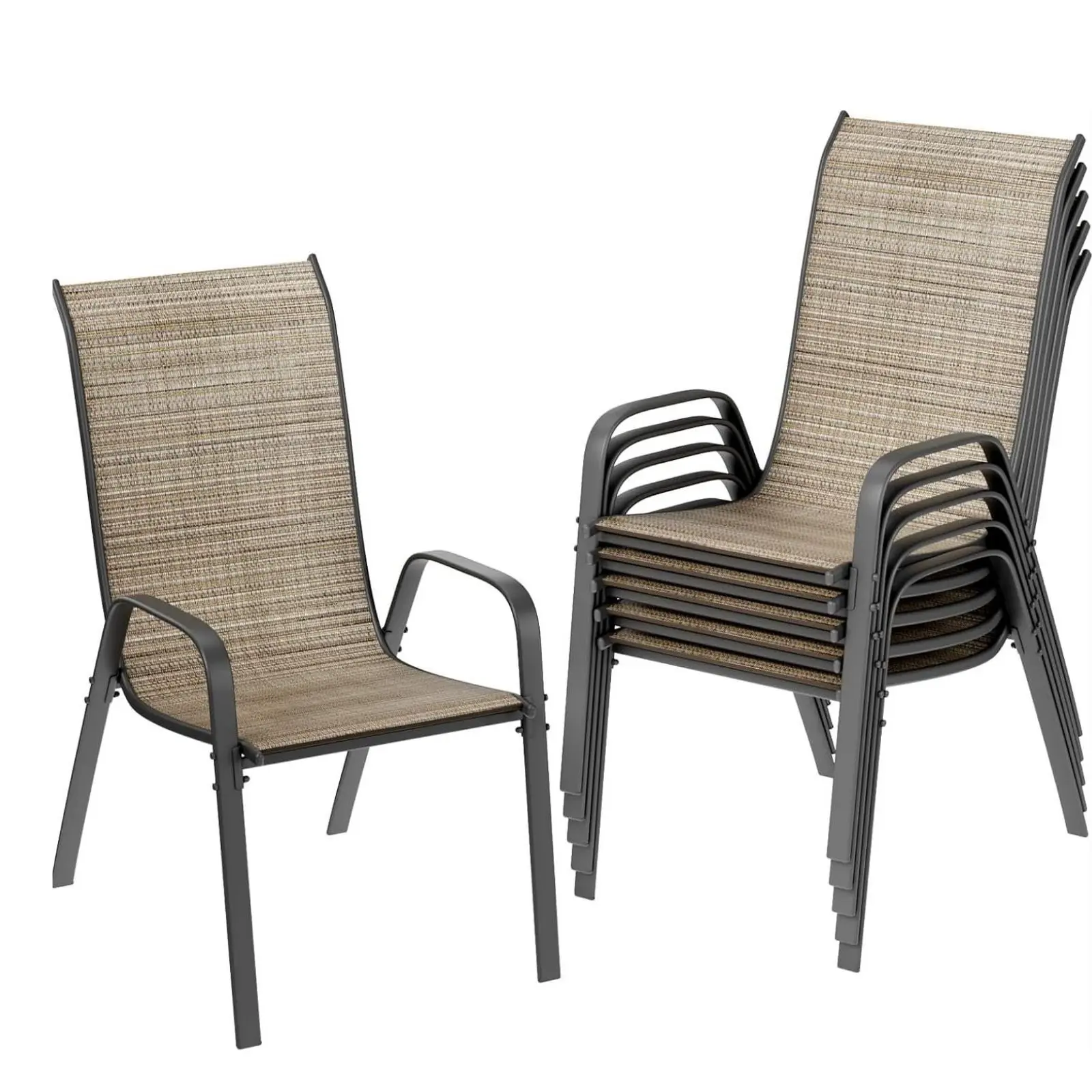MAMIZO Patio Dining Chairs, Stackable All Weather resistant furniture Teslin Chair, Heavy Duty Outdoor Breathable Chairs Set, w/Armrests, Upgraded beach lounge Chair FeetW/Strenthened Iron Spacers, 330 LBS (6 Pcs) balcony garden