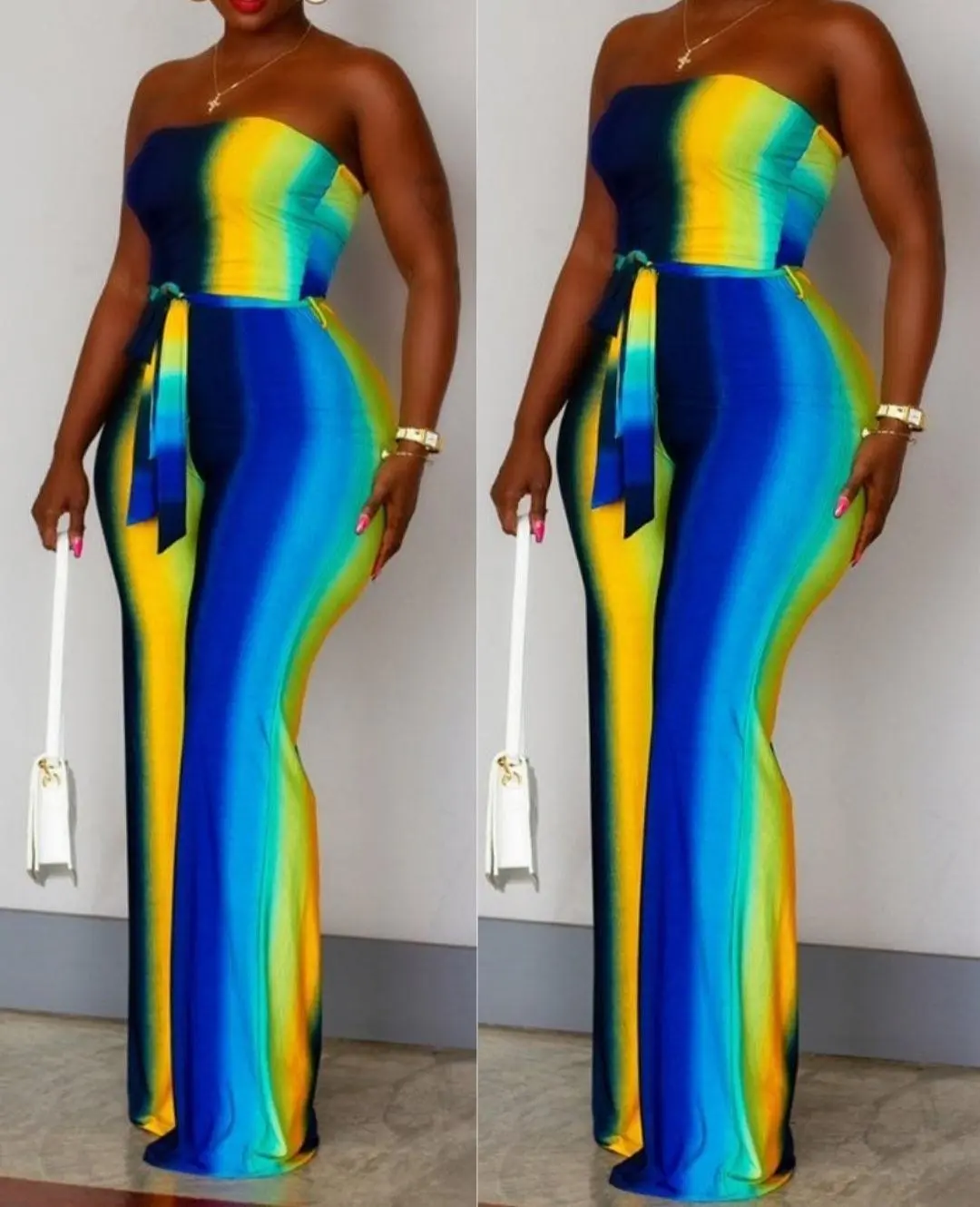 Azul Jumpsuit - Sexy & Chic Ombre Tie Dye Bandeau Neckline Sleeveless One Piece Below the Ankle Summer Spring Fall Fashion