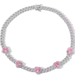 Pink Heart Moissanite Cuban Link Chain