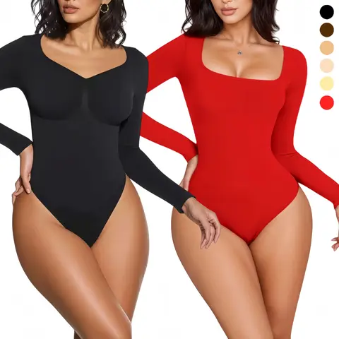 Women's Seamless Thong Bodysuit Shapewear - Chic Athleisure, Long Sleeve Tops, Elastane Fabric, Tummy Control, Body Contouring, Square/V-Neck, Button Front, Winter Layering, Underwear for Women, Work Wear, Night Out