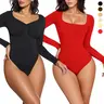 Women's Seamless Thong Bodysuit Shapewear - Chic Athleisure, Long Sleeve Tops, Elastane Fabric, Tummy Control, Body Contouring, Square/V-Neck, Button Front, Winter Layering, Underwear for Women, Work Wear, Night Out