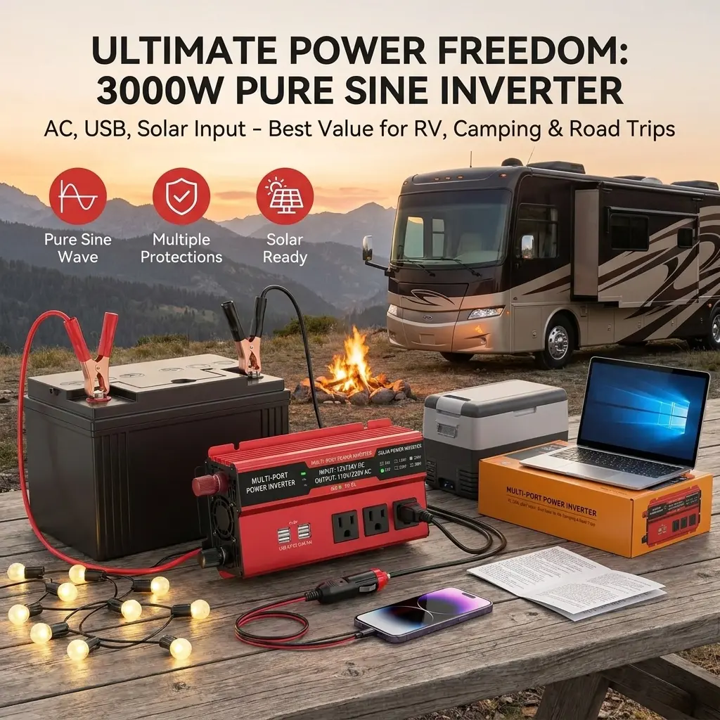 5000W Peak High Power Car Inverter - 12V/24V to 110V/220V Pure Sine Wave, Aluminum Housing, Fast Heat Dissip., CE Approved, Power Backup, RV Friendly, Trucker Essential, Included Cables, Compatible with Household Appliances & Computers, Road Trips, Off Gr