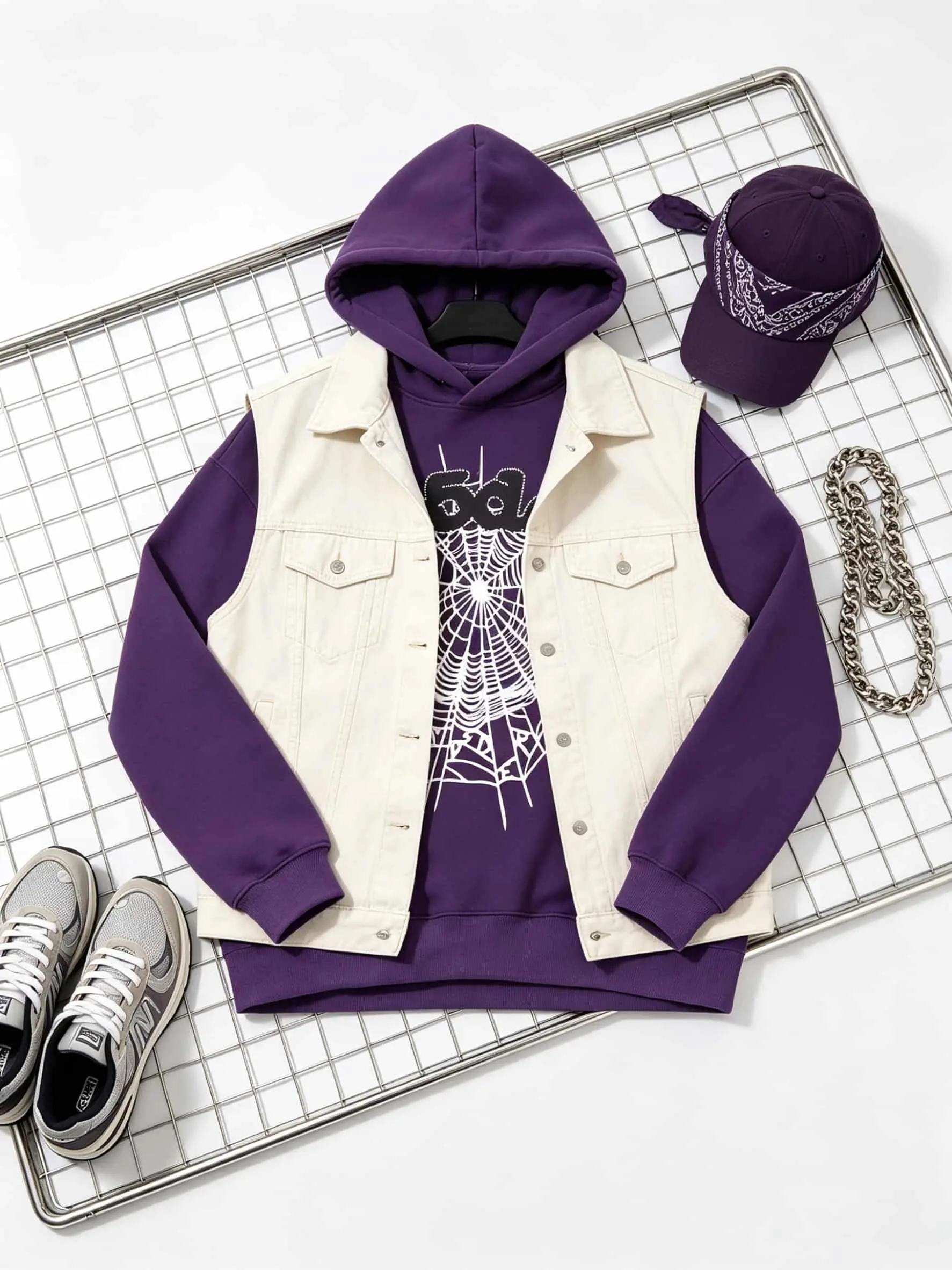 Men's Hooded Sweatshirt, Spider Web Pattern, Letter Print, Colorful Stars, Street Punk Style, Casual Fitted, Fall & Winter, Graphic Hoodie