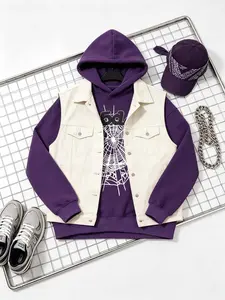 Men's Hooded Sweatshirt, Spider Web Pattern, Letter Print, Colorful Stars, Street Punk Style, Casual Fitted, Fall & Winter, Graphic Hoodie