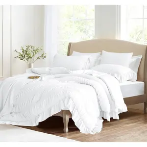 White Comforter Set Queen Size Seersucker with Ruffled Edges, Soft Bedding Set Queen Size 3 Pcs, Down Alternative Light Weight Comforter Set (White,90"x90")