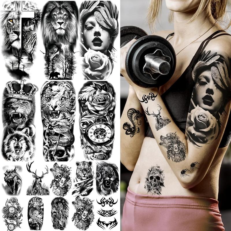 72 Sheets Temporary Tattoo for Men Women Adults, Include 12 Sheets Black 3D Half Sleeve Temporary Tattoos, Halloween Tattoos Scary Lion Wolf Tiger Skull Skeleton Tattoos Stickers Flower Water Proof Kit Long Lasting