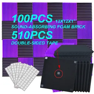 100 piece (black and purple) acoustic foam panel is applicable to the wall, 1 X 12 X 12 inch (about 30 * 30 * 2.5 cm) acoustic foam panel, high-density sound absorption panel, black noise reduction studio wedge