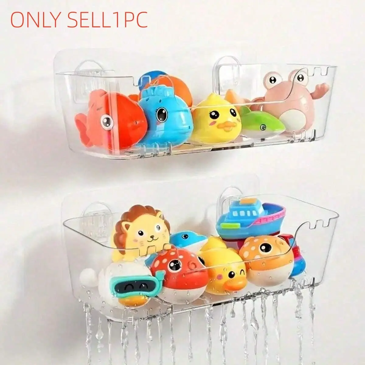 Transparent Bathtub Toy Storage Organizer with Drain Hole, Durable Plastic Bath Rack, Quick Dry and Easy Clean Shower Box, Wall Mounted Design, Bathroom Organizer, Playroom Kidsroom Organizer, Waterproof Organiser