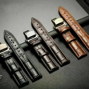 22mm Watchband Calf Black Genuine Leather Alligator Grain Strap for Tissot Seiko Casio Fossil Omega Swatch Garmin G-Shock Ball Butterfly Silver Buckle Luxury Wristband Watchband Smart Watch Sport Strap Accessory Bracelet Replacement Watchband Accessories