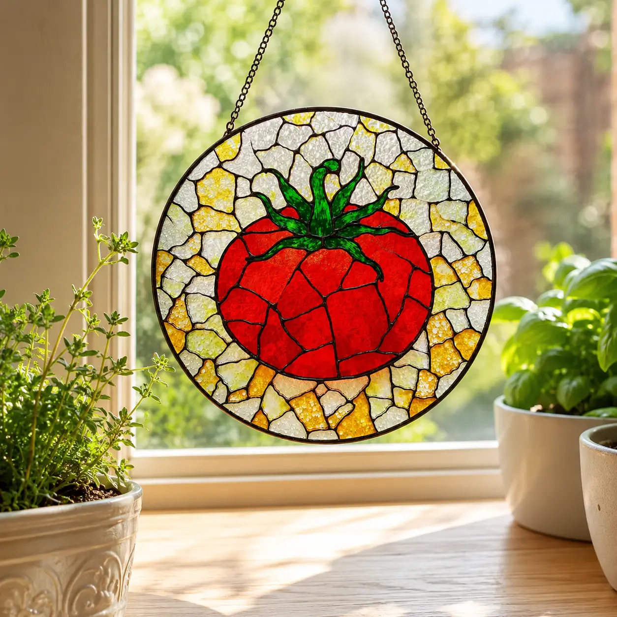 Red Tomato Stained Glass Style Suncatcher, Garden Vegetable Window Hanging, Farmhouse Kitchen Wall Decor, Gardener and Food Lover Gift