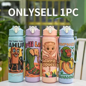 Cute Leak-Proof Reusable Sports Water Bottle, Portable Design with Straw Lid & Carry Strap, Ideal for Running/cycling/trips, Perfect Gift