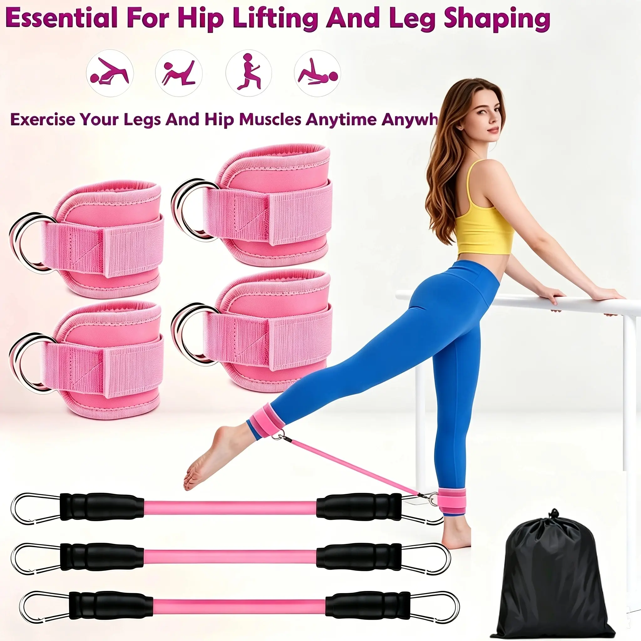 Resistance Bands for Legs and Glutes, Hip Workout Bands with Ankle Straps, Home Fitness Exercise Bands Set for Women Men, Full Body Strength Training Equipment