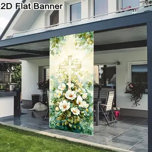 2D flat banner, 1pcGolden Cross with Pastel Floral Backdrop, Spiritual Decor for Serene Event, Light Green Foliage & White Flowers Arrangement Backdropgalentines party decor, valentine day decor, decorations for valentines day
