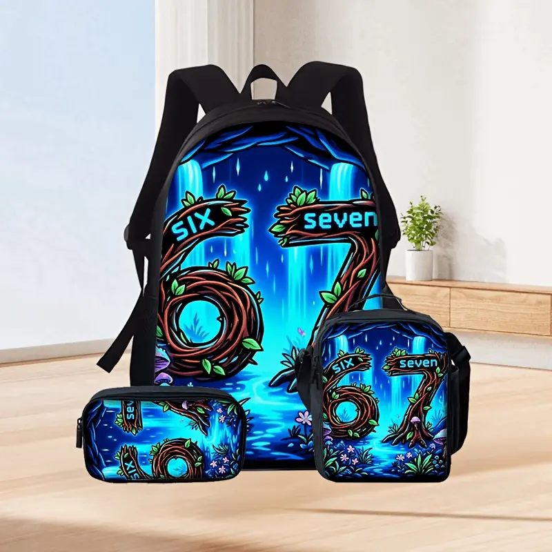 Unisex 3PCS Large Capacity Oxford Cloth Backpack Set - Forest Fantasy Number 67 Girl Group Printed Panel, Chic Basic Character Element Design, Lightweight, Padded Strap, Hand Wash Only, Ideal for Back to School Hauls