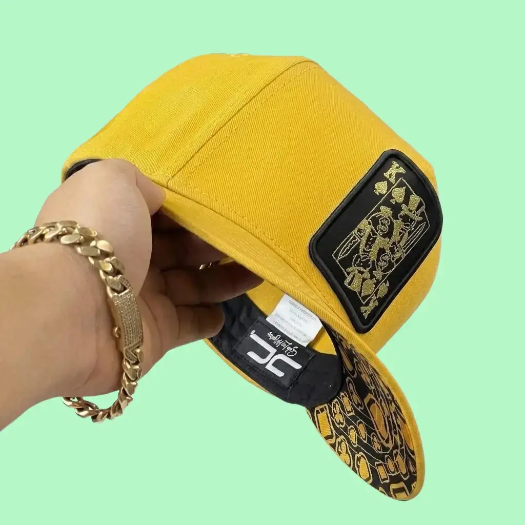 Yellow King of Spades Snapback Hat, Adjustable Flat Brim Streetwear Baseball Cap with Printed Visor