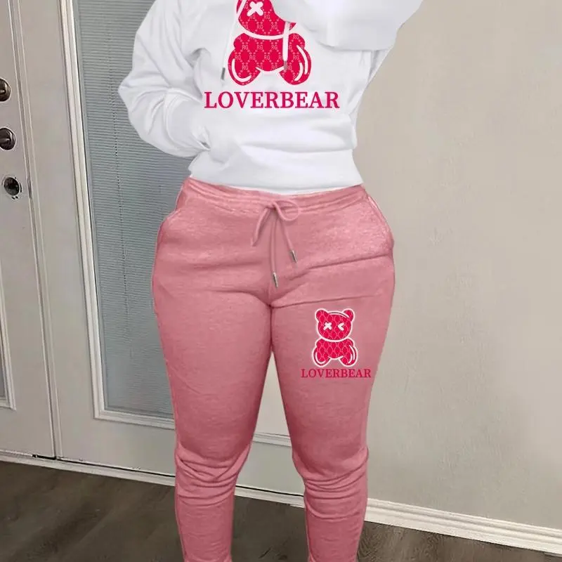 Cartoon Print Two-piece Set, Drawstring Long Sleeve Hoodies & Workout Jogger Pants Outfits, Women's Clothing
