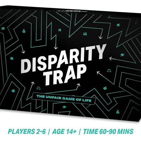 Disparity Trap Game Set - The Unfair Game of Life - 1 Rulebook, 1 Gameboard, 6 Pawns, 12 Justice Power Tokens - Ages 14+ - 60-90 Minutes Playtime