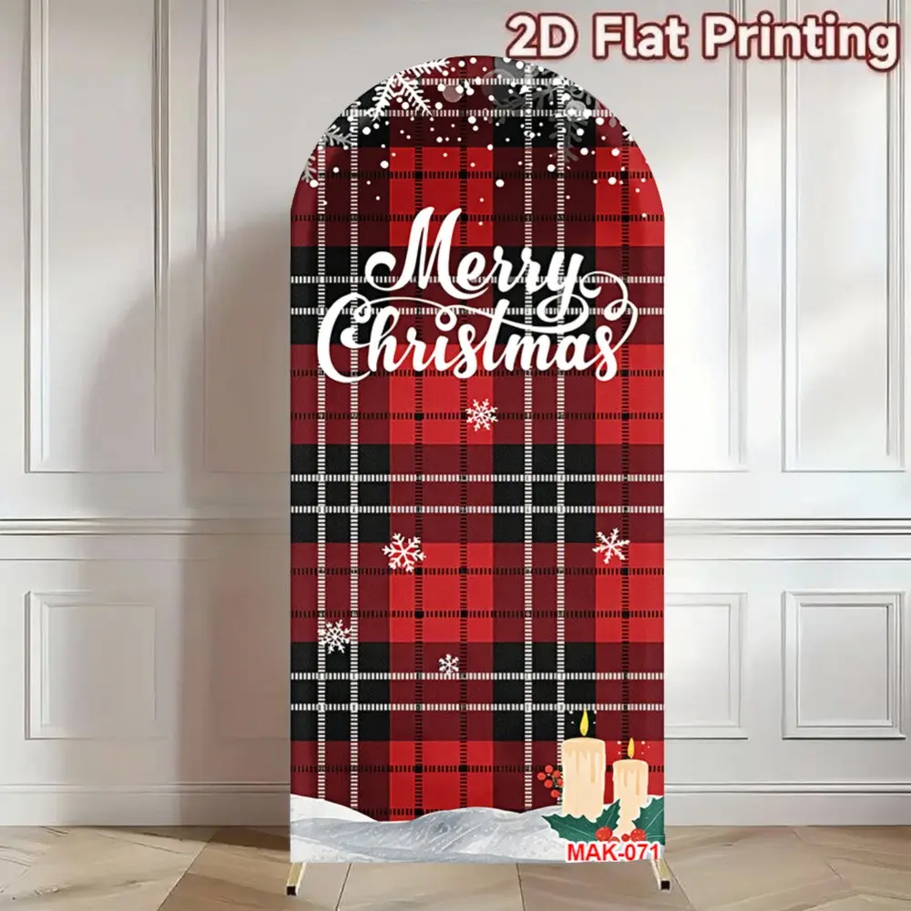 Merry Christmas Snowflake Red Plaid Arch Backdrop Cover Double-Sided for Christmas Party Holiday Celebration Decor Background
