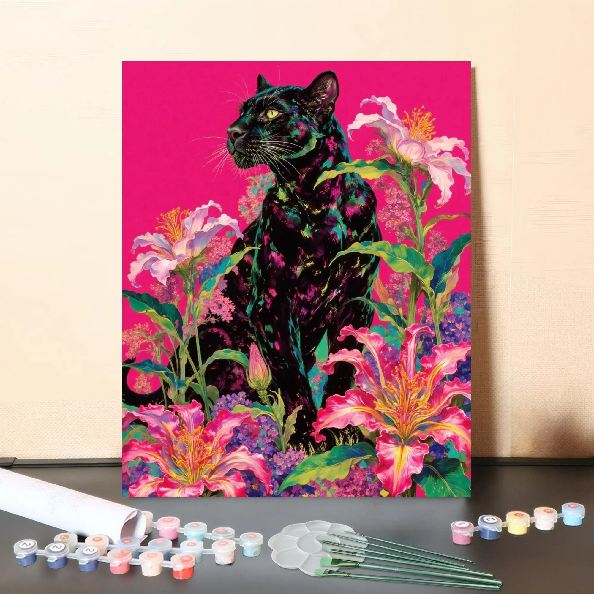 DIY Paint-by-Numbers Set "Stolz im Blütenmeer" - Includes Printed Canvas with Numbered Fields Wooden Frame Acrylic Paints & Brushes for Adults & Kids