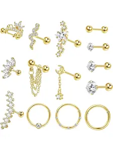 14 Pcs 16 Gauge Cartilage Earrings for Women Hypoallergenic Surgical Stainless Steel Earring Sets for Multiple Piercing Daith Conch Tragus Helix Piercing Jewelry Swirly Conch Jewelry