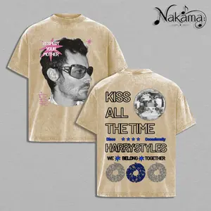 Harry Styles "Kiss All The Time" Tour 2026 Vintage Acid Wash Heavy Cotton Oversize Unisex Pop Concert T-Shirt, Retro Y2K Streetwear Graphic Shirt, Double Printed Love On Tour Disco Music Merch for Fans Collector Washed Tee