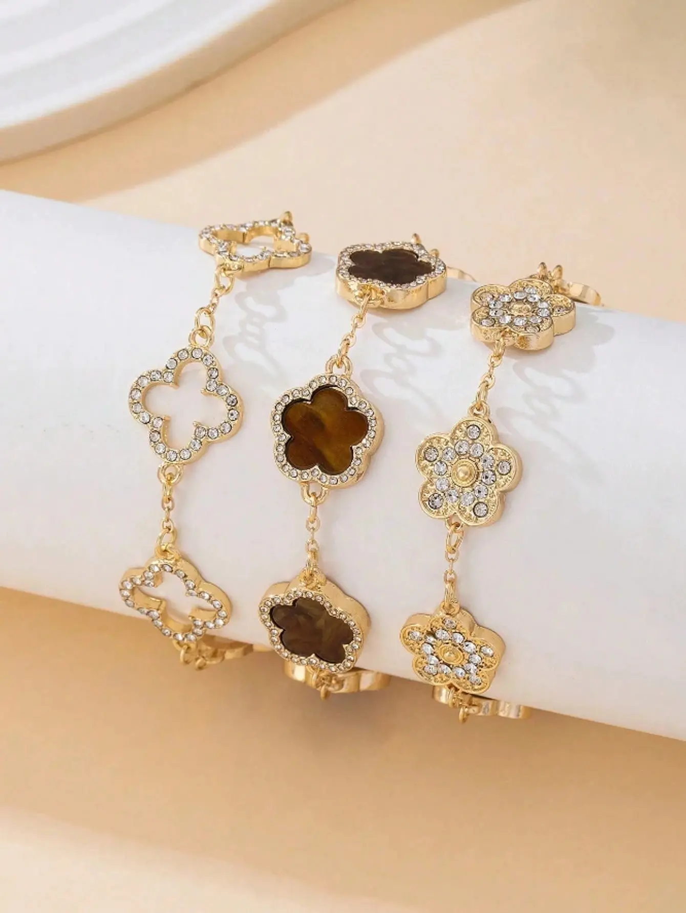 3pcs Luxury High-End Clover Crystal Decor Bracelet Set, Brown And Gold, Elegant Sweet Women Bracelet Set, Stackable/Multifunctional