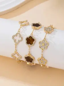 3pcs Luxury High-End Clover Crystal Decor Bracelet Set, Brown And Gold, Elegant Sweet Women Bracelet Set, Stackable/Multifunctional