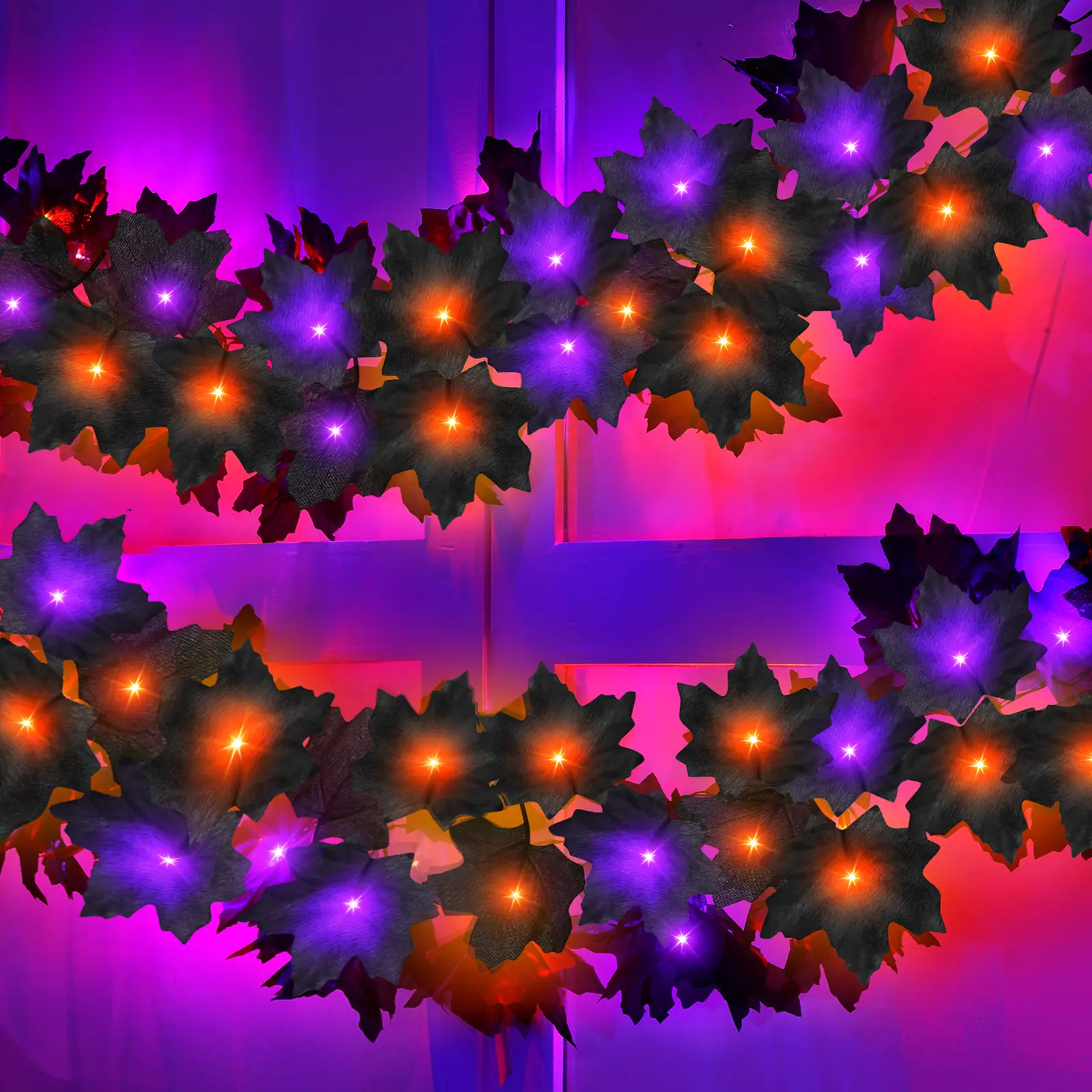 2-Pack Halloween Plastic Leaf Garland with Switch, Purple & Orange Lights, 12ft Total, 52 LED with Timer, Spooky Room Decor for Mantle, Home Indoor Outdoor Festive Supplies