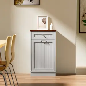 Topwin Vertical Stripe Single-Door Garbage Cabinet - Modern & Stylish Waste Storage Solution Interior Home Organizer Kitchen Wooden Box Minimalist